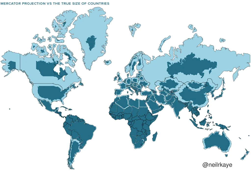 Mapa-múndi na projeção de Mercator sobreposta pela área real dos países