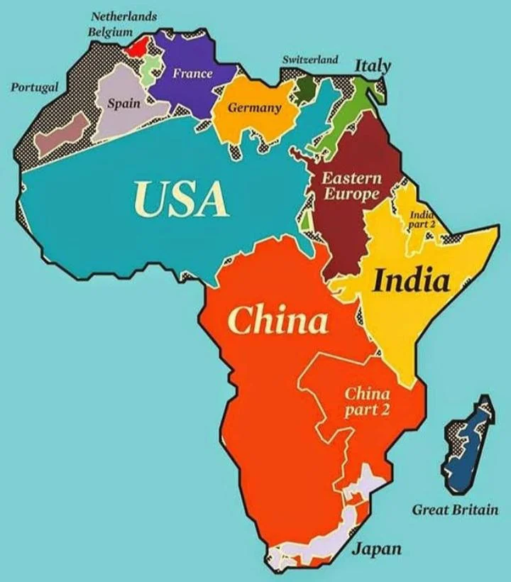 Continente da África sobreposto pelos países que, na realidade, caberiam dentro dele